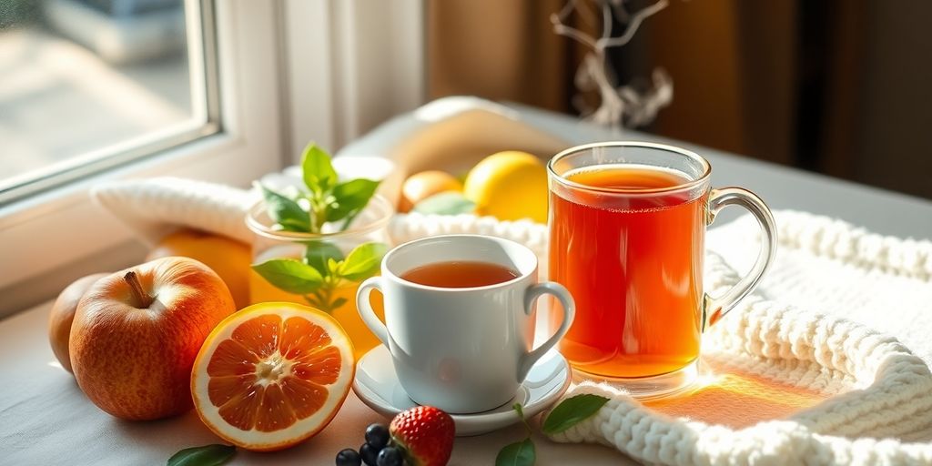 A calming morning scene with herbal tea and fruits.