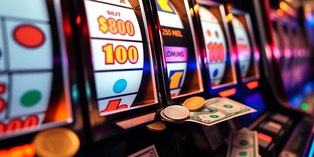 Slots machine reels with money falling.