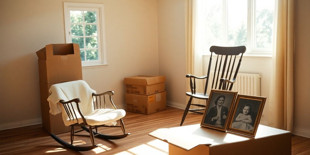 Empty house, packed boxes, old photo.