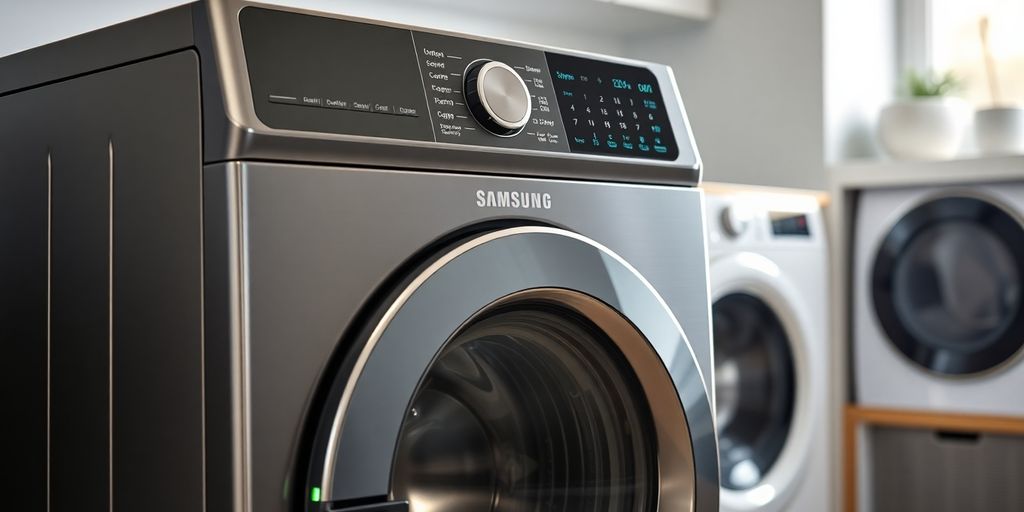 Modern Samsung washing machine with smart technology features.