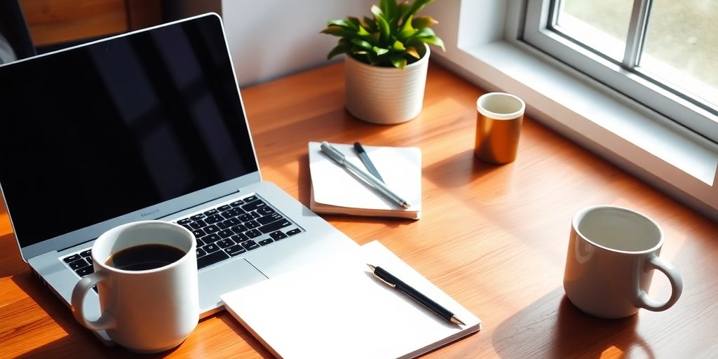 A cozy workspace with laptop and coffee cup.