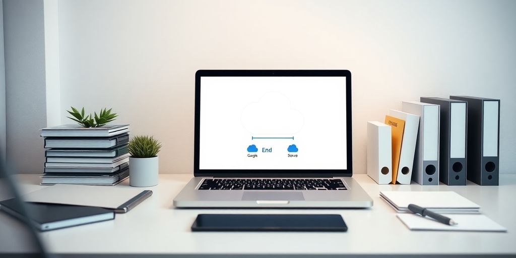 Modern workspace with laptop and cloud storage icons.