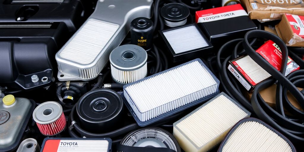 Genuine Toyota parts laid out, featuring diverse components.
