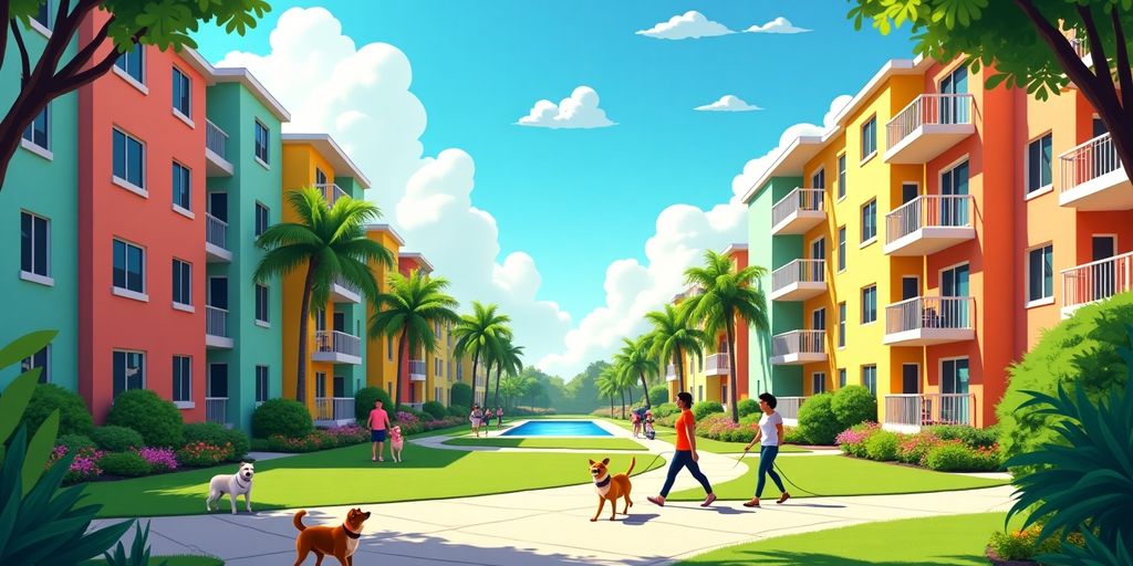 Vibrant Aventura scene with pet-friendly apartments and greenery.