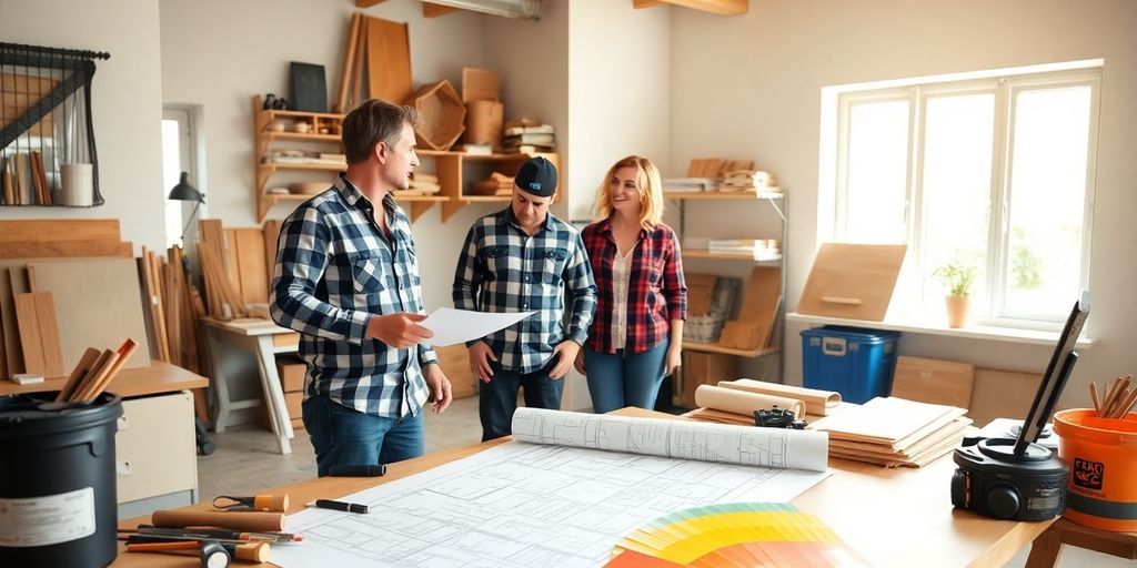 Contractor and homeowner discussing remodeling plans in workspace.