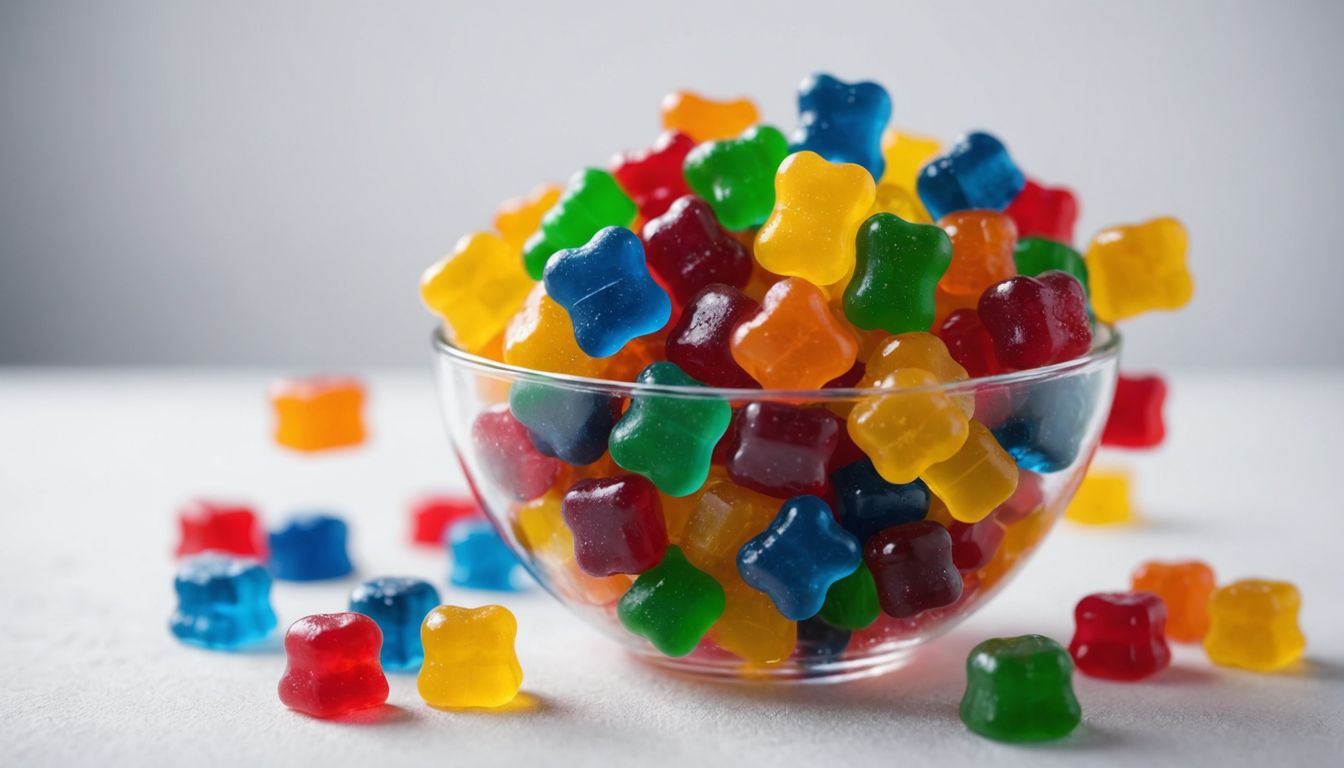 Weight loss gummies in a measuring cup on white.