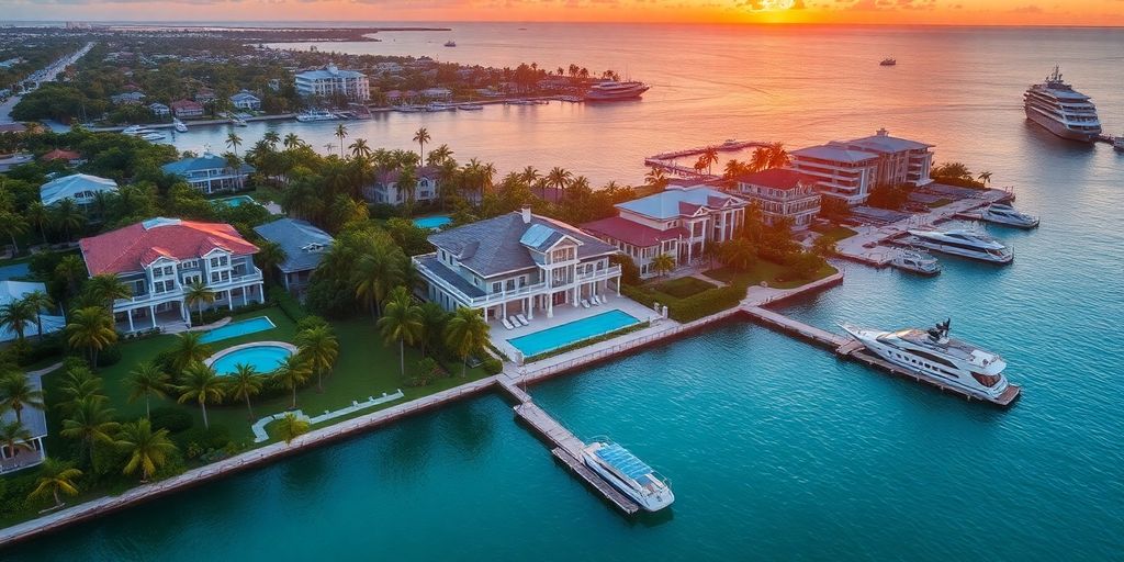 Aerial view of luxurious houses on Star Island, Miami.