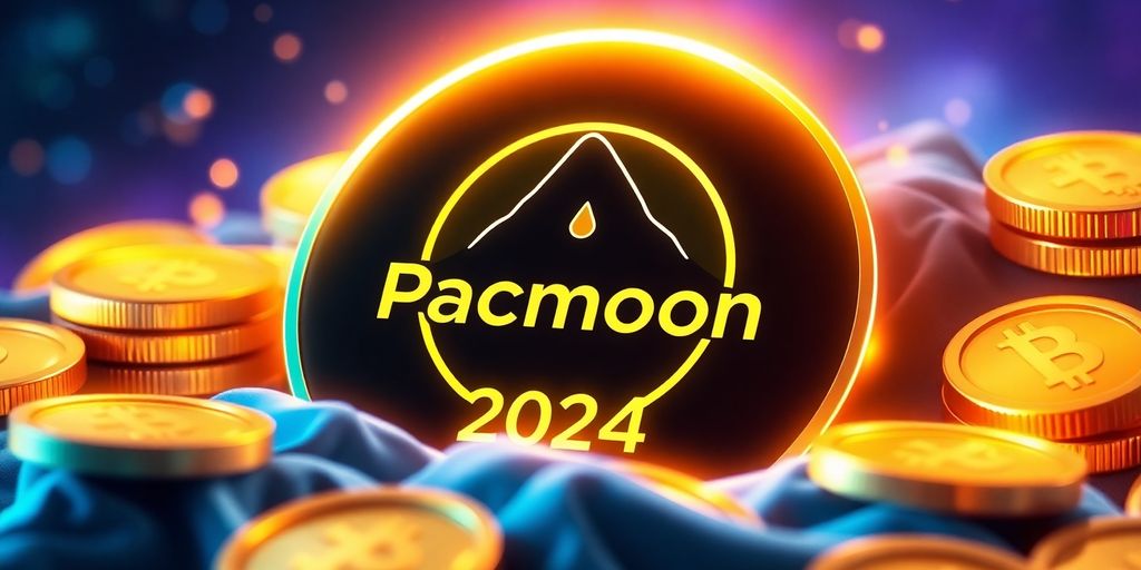 Vibrant pacmoon crypto logo with glowing coins on cosmic background.