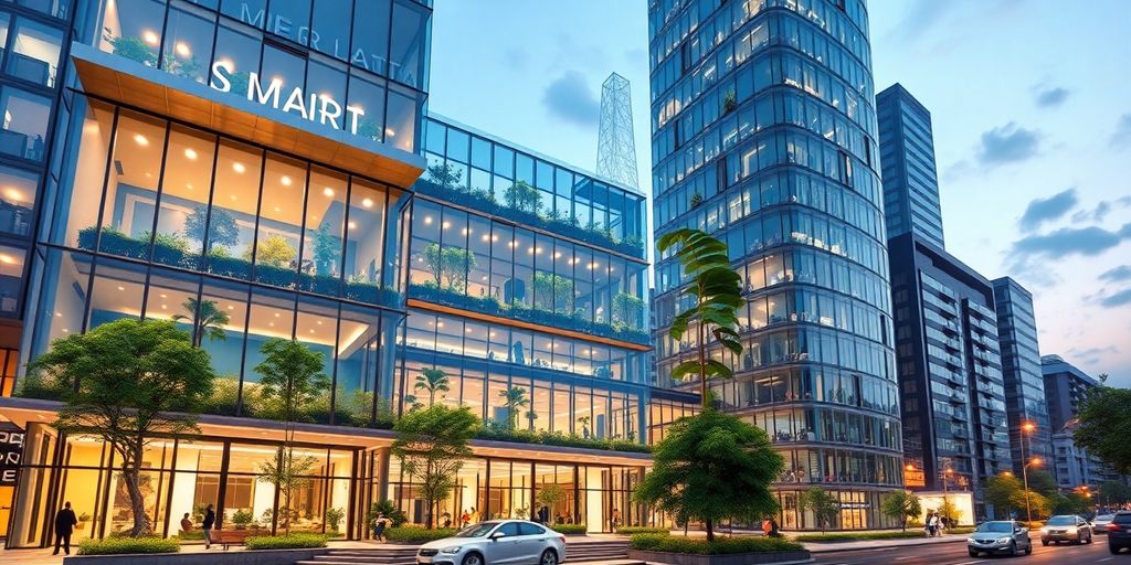 Modern smart building with innovative architecture and greenery.