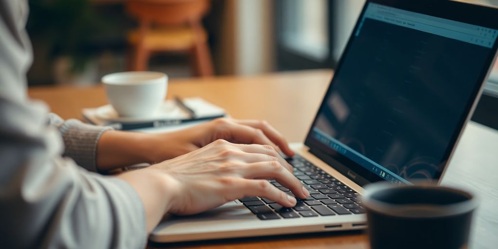Person typing on laptop, remote work setup.