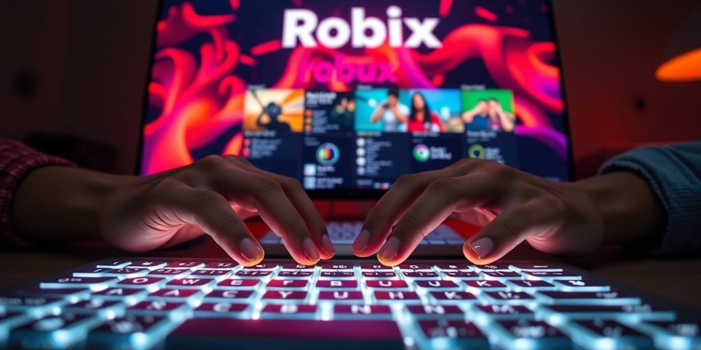 A person on a computer, with Robux imagery.