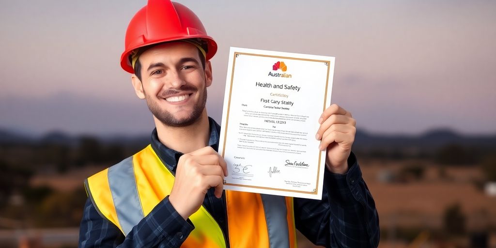 Australian worker in safety gear holding certificate.