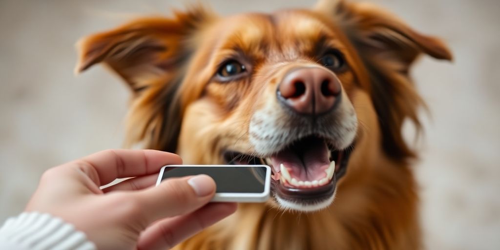 Happy dog receiving a worming tablet from owner's hand.