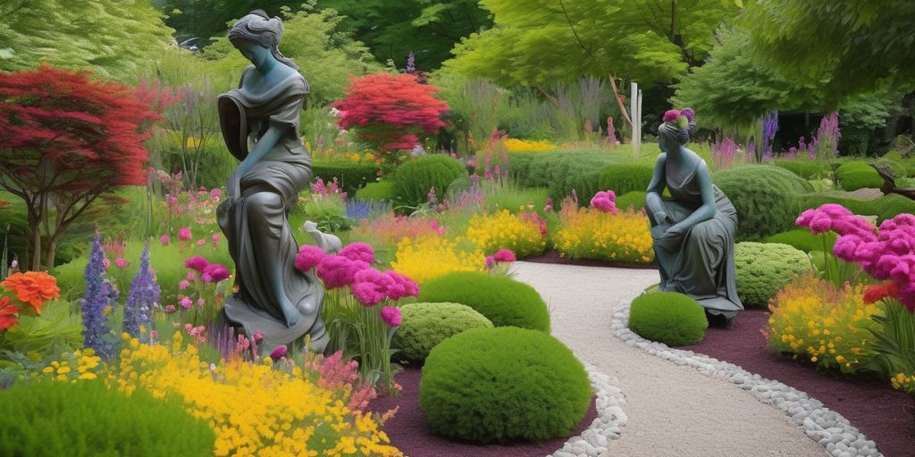 artistic garden design with sculptures and colorful flowers