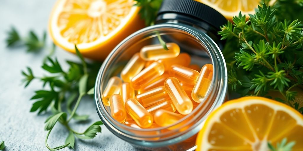 Close-up of omega-3 capsules with herbs and citrus.