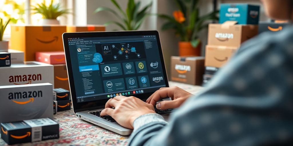 Person using AI tool on laptop in a cozy workspace.
