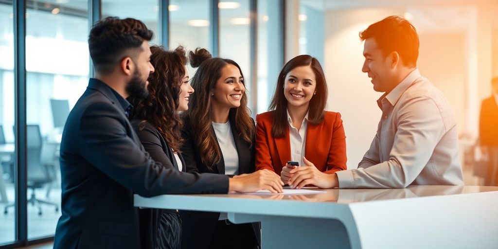Diverse professionals collaborating in a modern office.