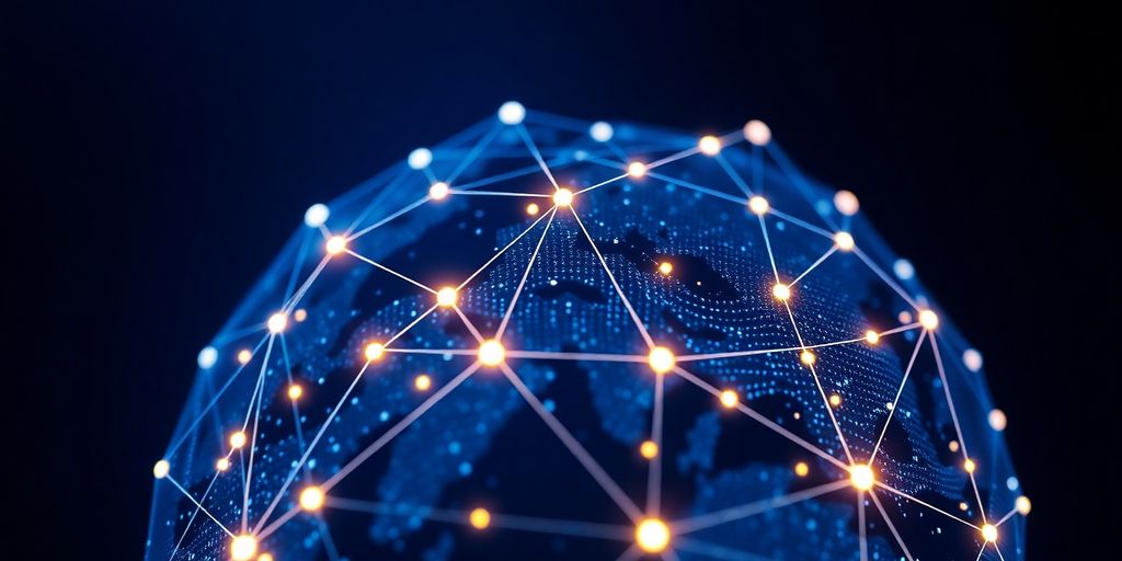 Glowing blockchain network over globe.
