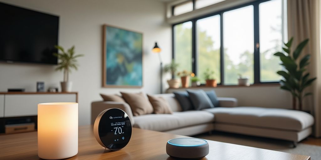 Modern living room featuring various smart home devices.