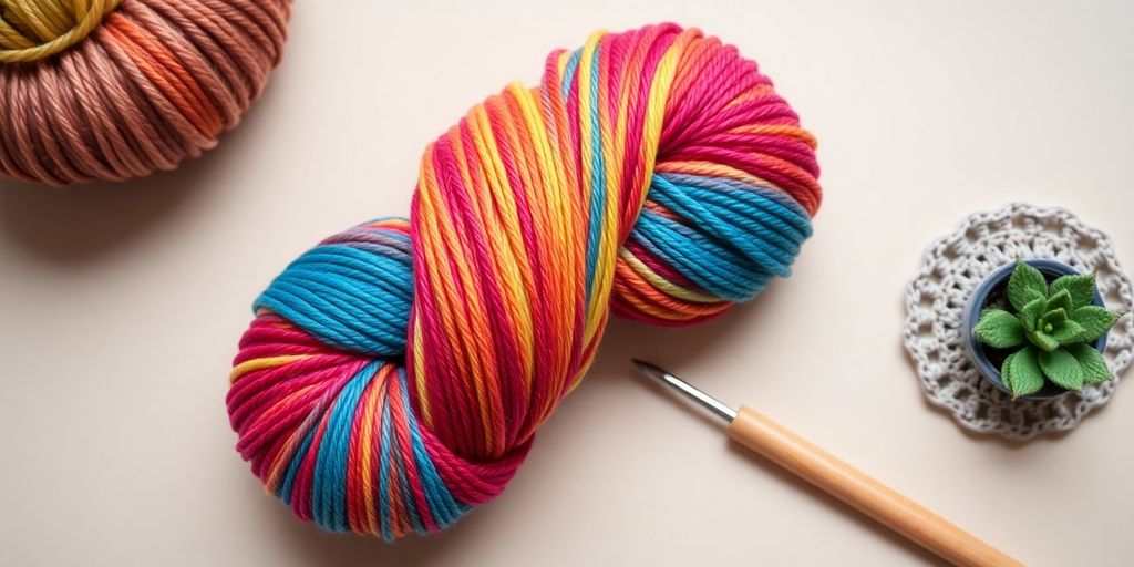 Colorful yarn, crochet hook, small decorative items.