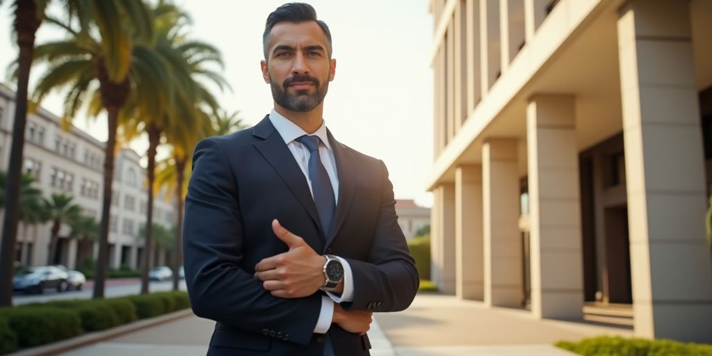 Lawyer outside Los Angeles courthouse with palm trees.