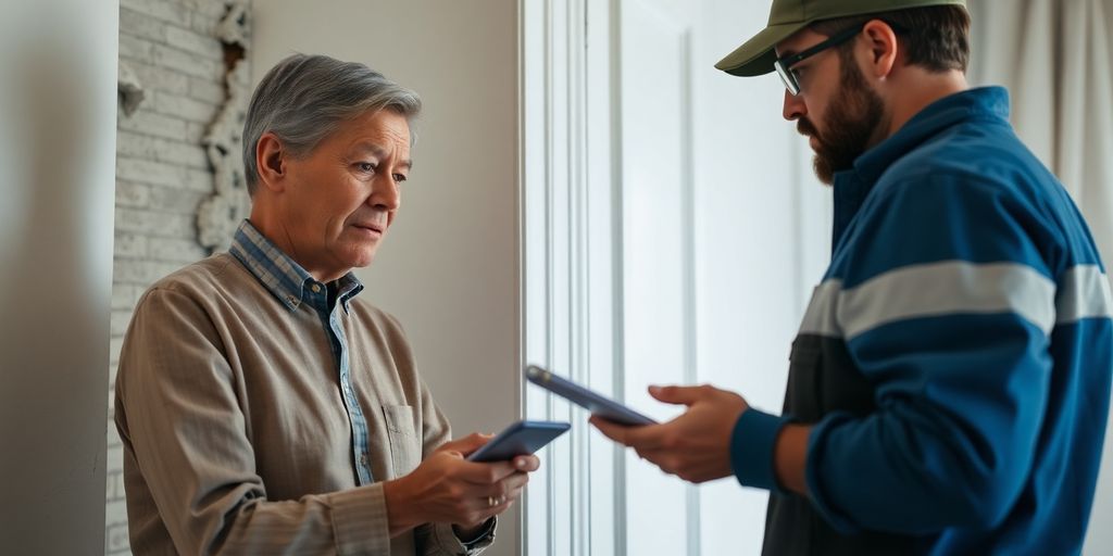 Homeowner with restoration expert inspecting damage.