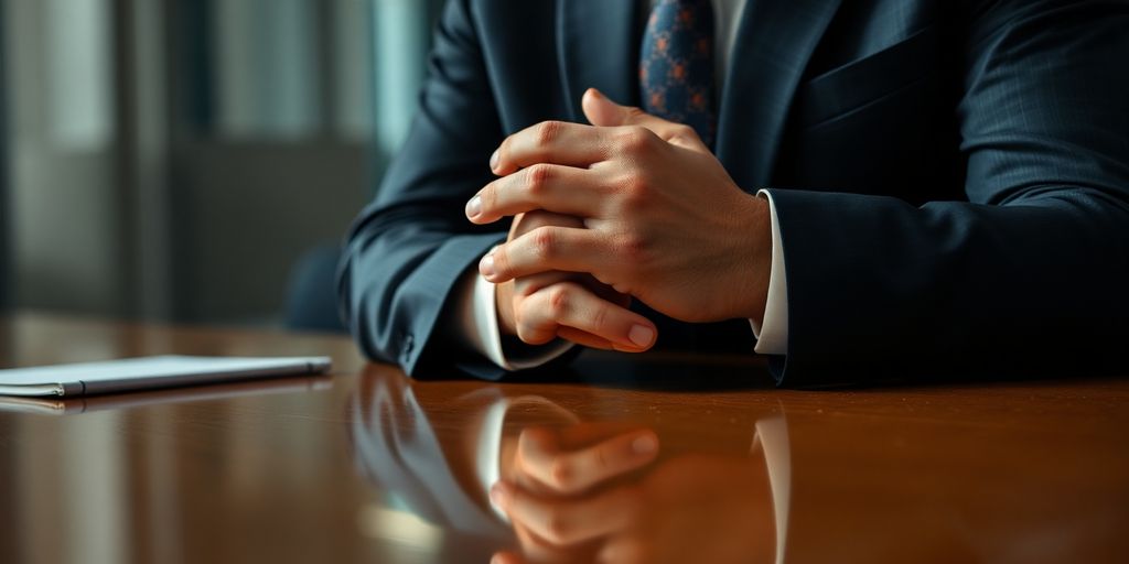 Executive in suit, hands clasped.