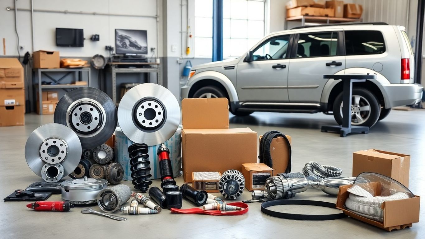 Silver Dodge Nitro in workshop with parts arranged on workbench.