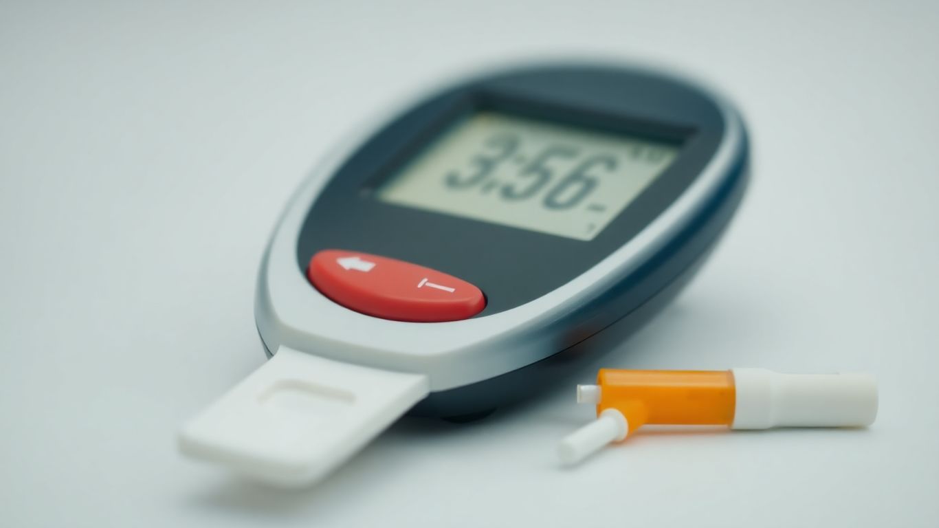 Blood glucose meter with lancet and test strip.