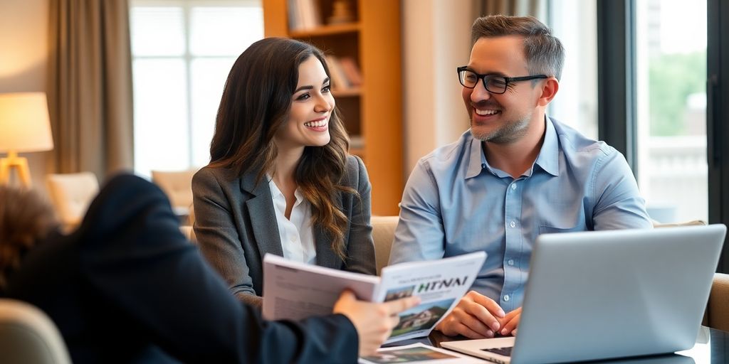 Mortgage broker assisting couple in a cozy office setting.