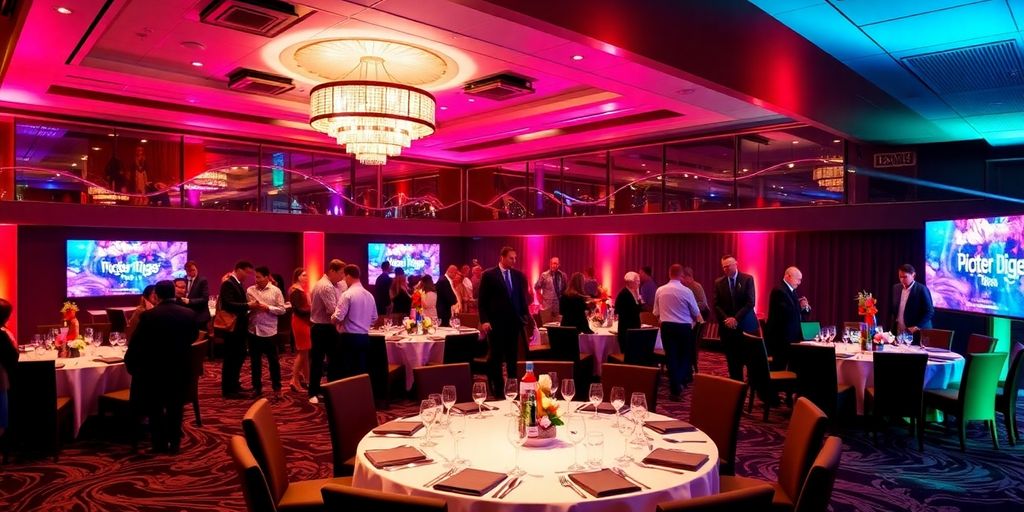 Elegant party setup at Leicester Tigers Conference & Events.