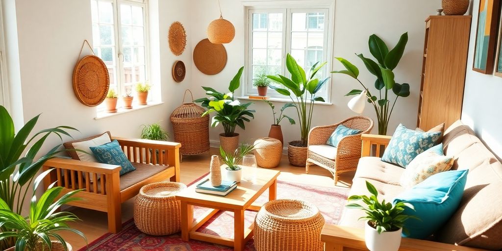 Boho living room with global decor.