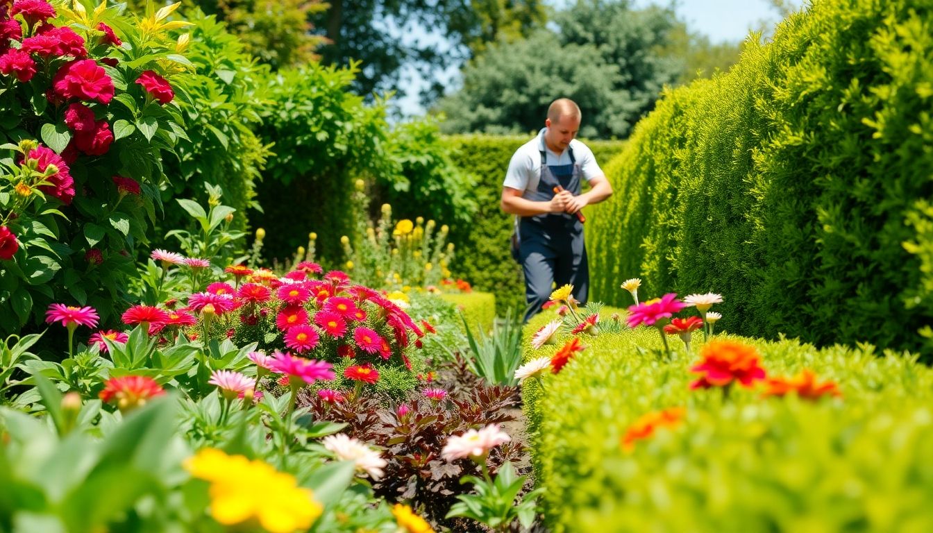 A gardener working in a colourful, well-maintained garden.