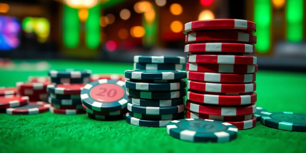 Shiny casino chips stacked on a green felt table.