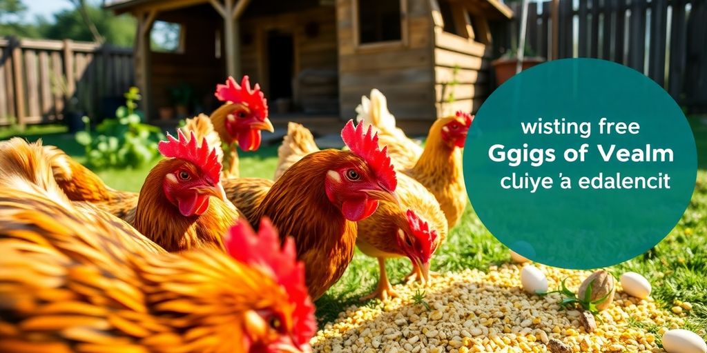 Colorful chickens feeding in a lush backyard environment.