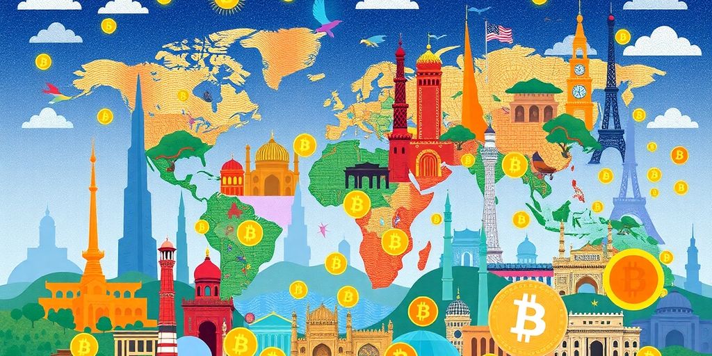 Global landmarks with digital currency symbols in vibrant colors.
