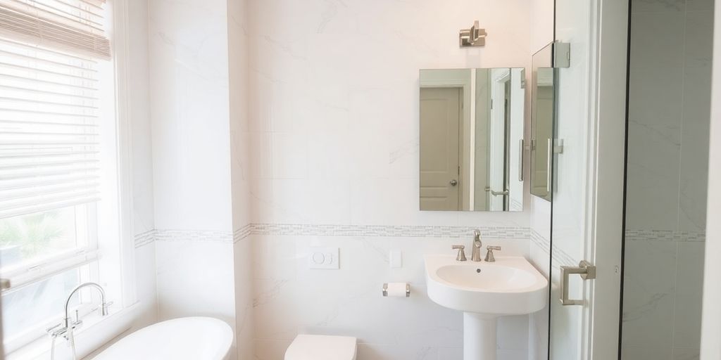 Brightly refinished modern bathroom with elegant tiles and fixtures.
