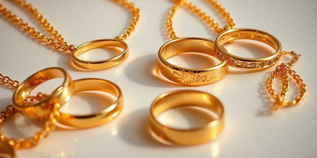 Close-up of shiny gold jewelry on a surface.