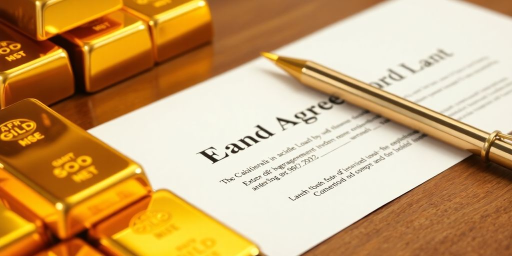 Lingots d'or empilés et un contrat de prêt.