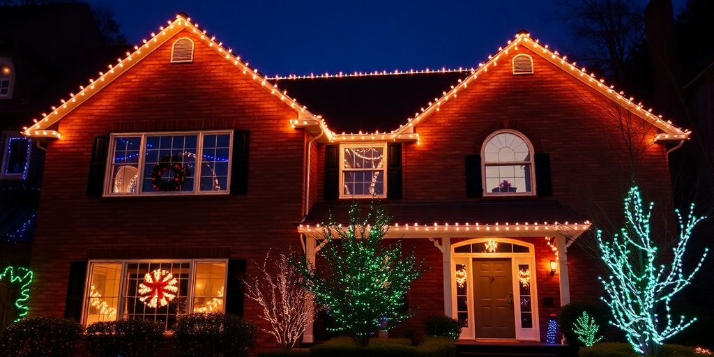 Home exterior with permanent Christmas lights.