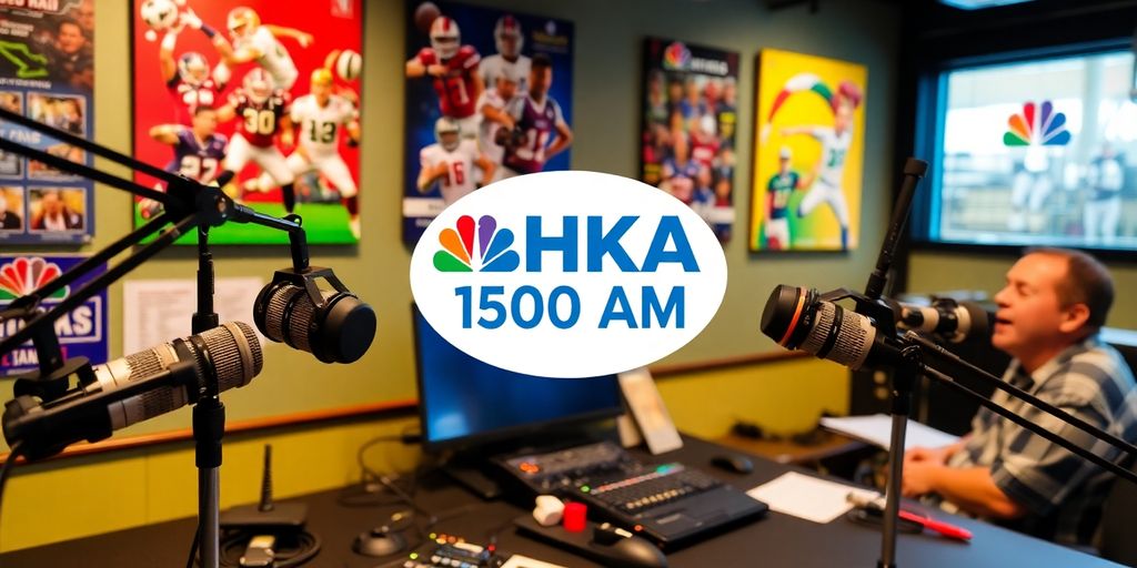 Radio studio with microphones and sports memorabilia.