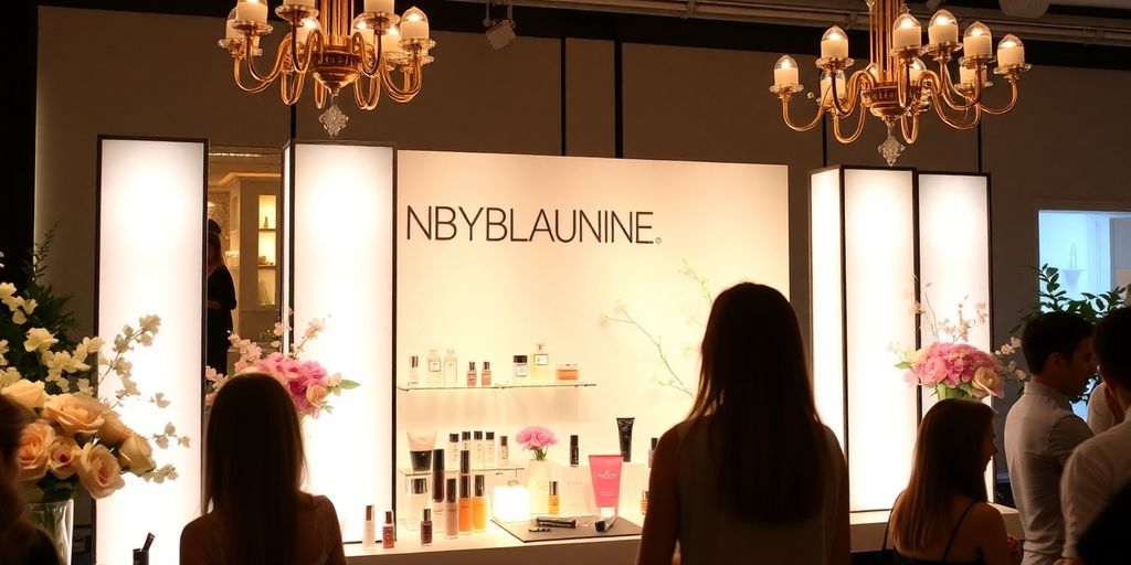 Elegant beauty event with floral arrangements and soft lighting.