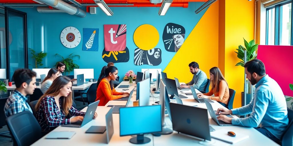 Diverse team collaborating in a bright startup workspace.