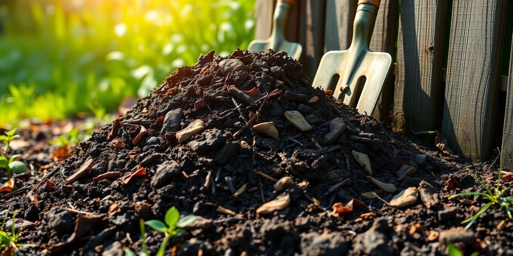Kleiner Komposthaufen im Garten mit Gartenwerkzeugen