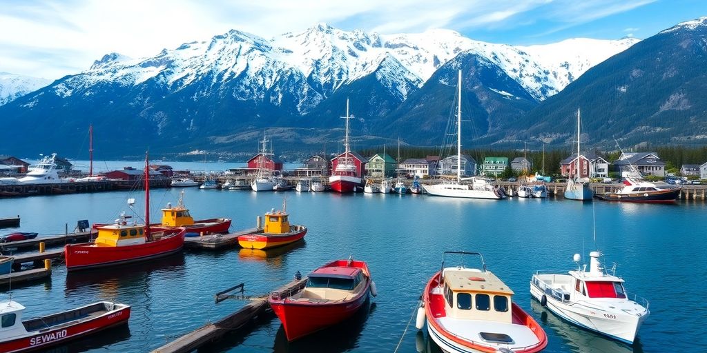 Fishing boats in Seward harbor with snow-capped mountains behind.