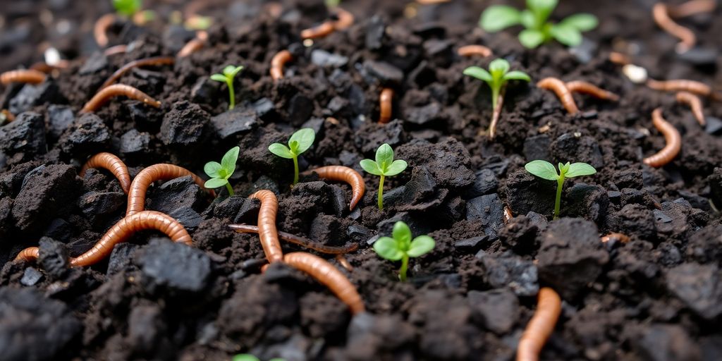 Rich vermicompost, happy earthworms, healthy green plants.