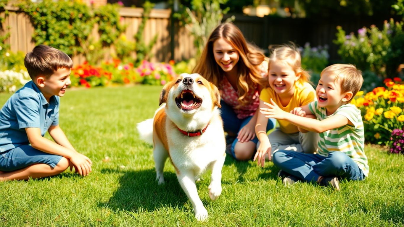 Família feliz brincando com cachorro no quintal.