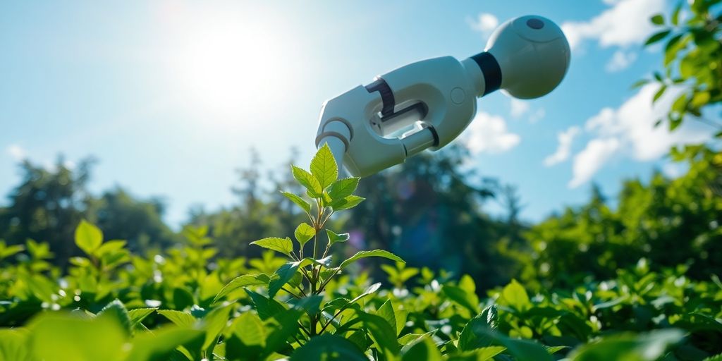 Robotic arm nurturing a plant in a green forest.