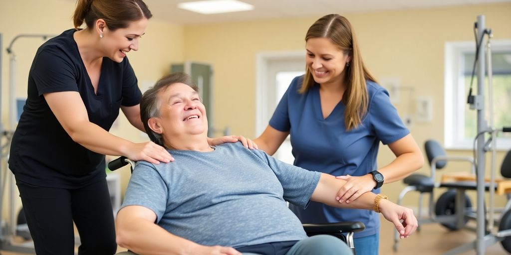Person in wheelchair with therapist in rehabilitation session.