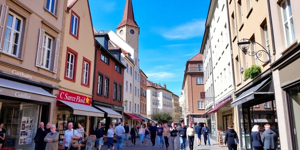 Vitrines de magasins animées et passants flânant dans une rue commerçante.